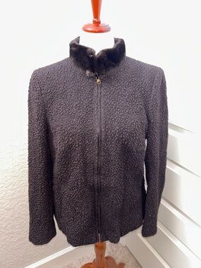 AKRIS Wool Silk Blend Texture Zipper Front Long Sleeve Jacket Coat